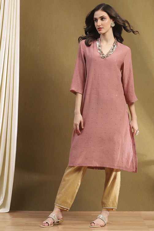 Mauve Crinkled Festive Straight Kurta image number 0