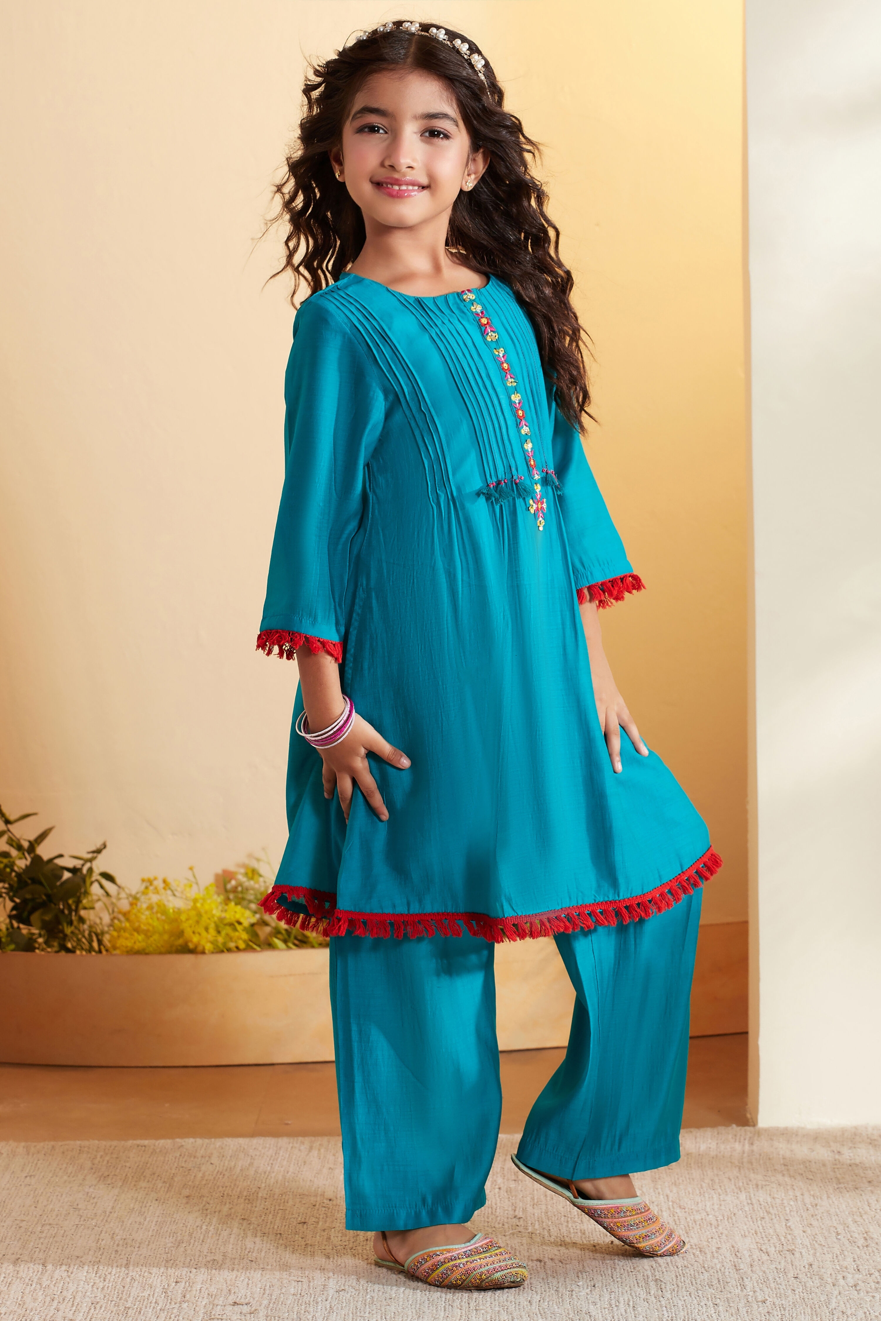 Teal Blue Pleated A-Line Kurta Set image number 6