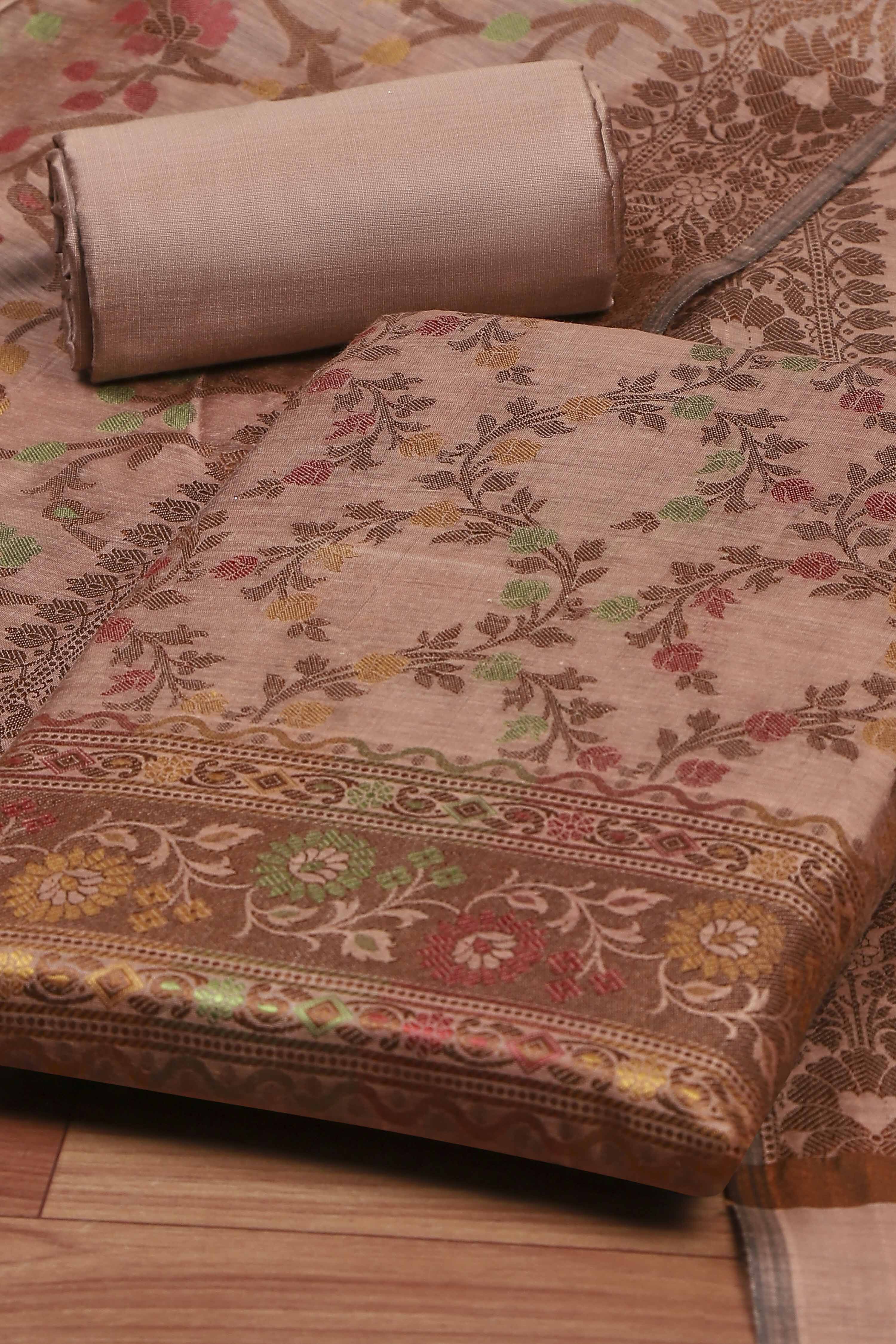 Grey Cotton Printed Embroidered Unstitched Suit Set image number 1