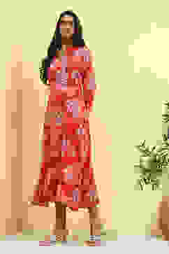 Red Floral Printed Shirt Style A-line Dress image number 2