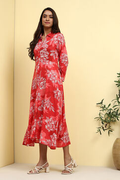 Red Floral Printed Shirt Style A-line Dress image number 2