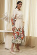 Beige Cotton Floral Shirt-Style Flared Dress image number 4