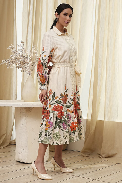 Beige Cotton Floral Shirt-Style Flared Dress image number 4