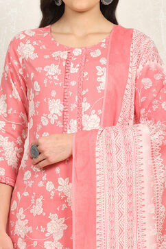 Pink Cotton Screen Print Unstitched Suit Set image number 2