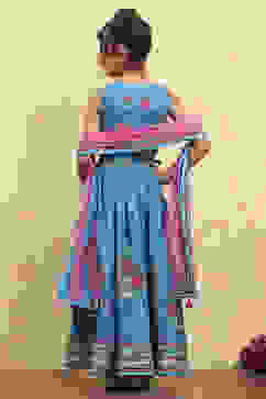 Blue Cotton Printed Straight Lehenga Set image number 4