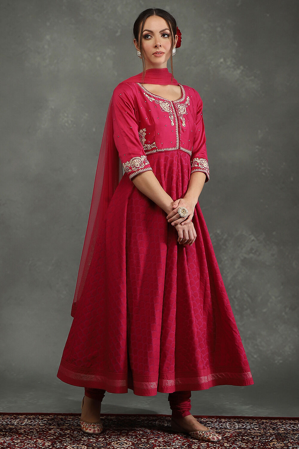 Cream-Toned Silk Chanderi Floral Anarkali Suit Set image number 5