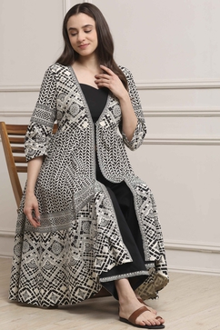 White and Black Cotton Printed Anarkali Fusion Set