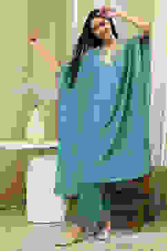 Teal Blue Solid Kaftan-Style Kurta Set image number 7