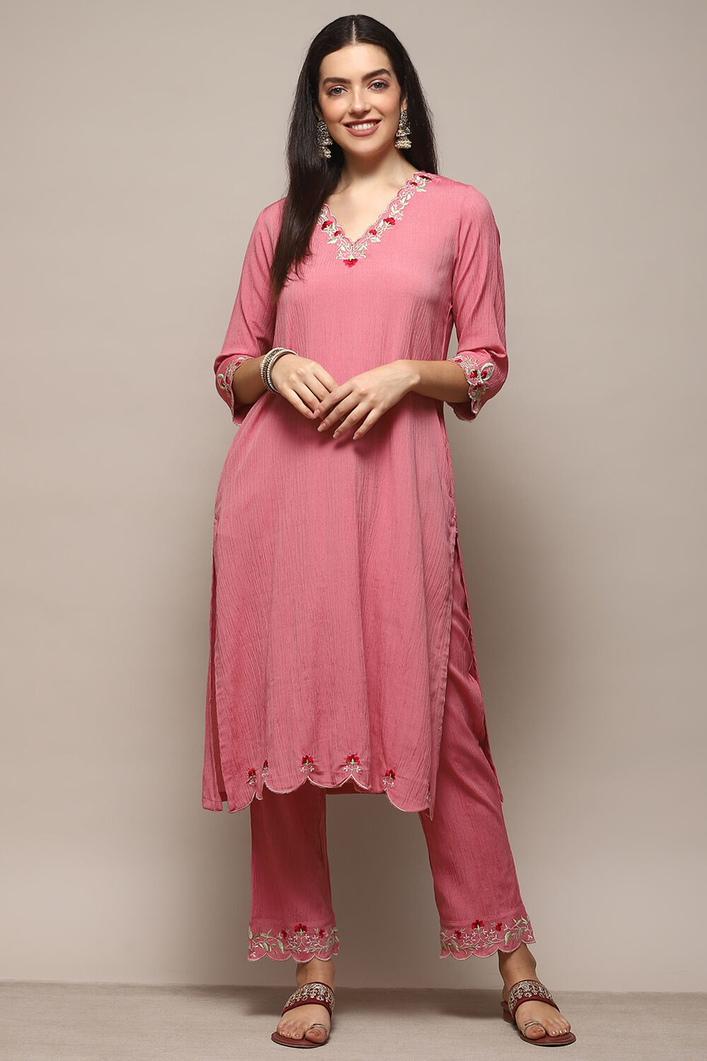 Pink Poly Viscose Straight Suit Set image number 6