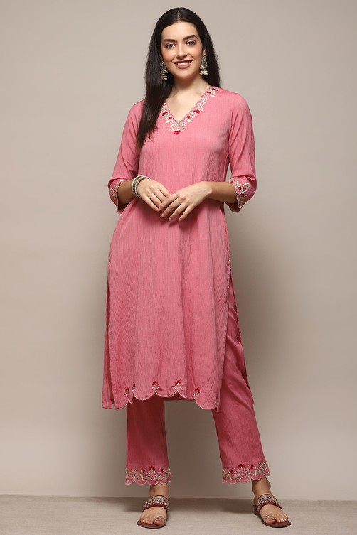 Pink Poly Viscose Straight Suit Set image number 6