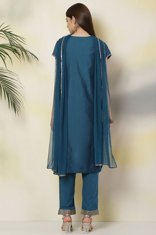 Teal Art Silk Straight Kurta Slim Pant Suit Set image number 6