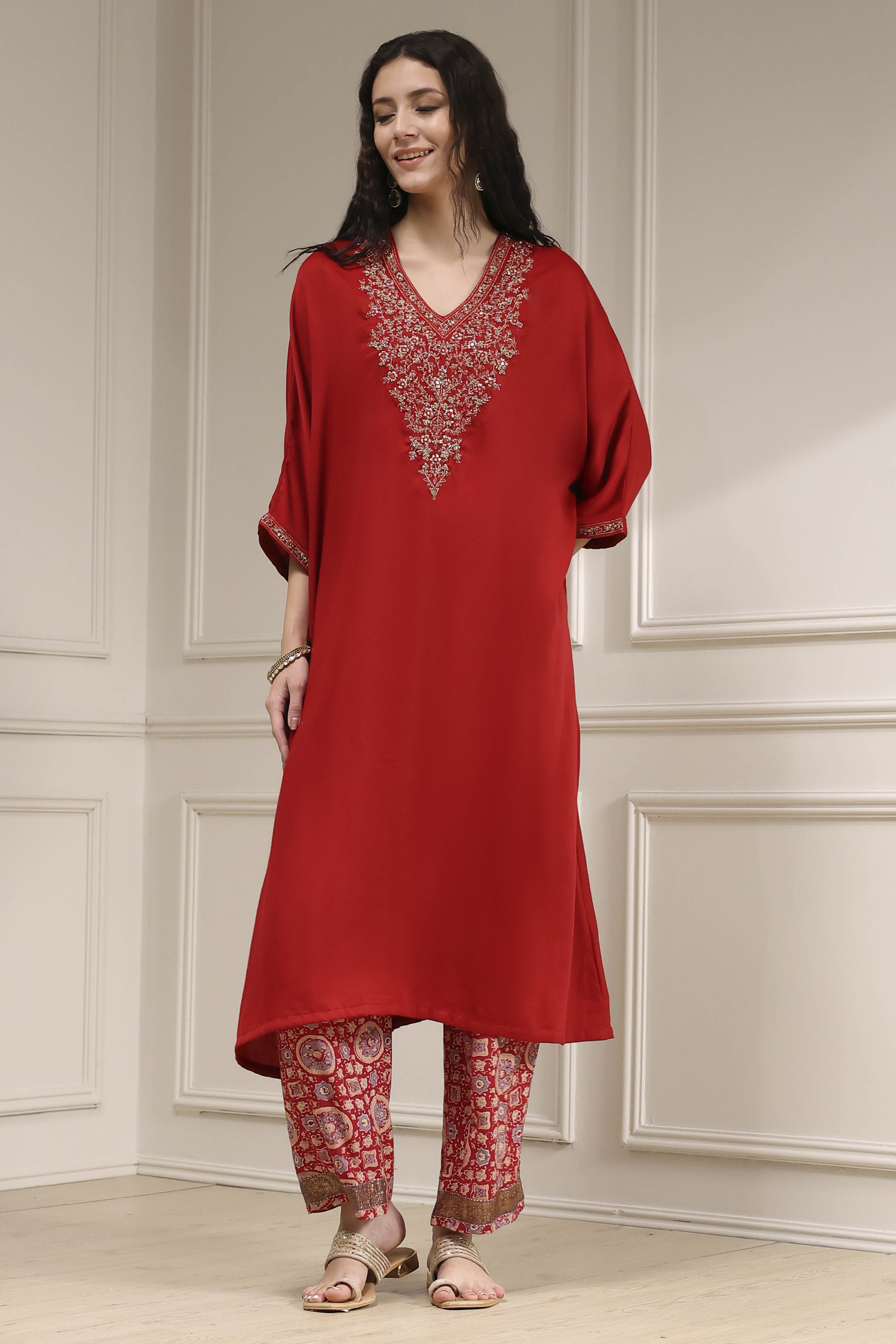 Red Satin Solid Kaftan-Style Kurta Set image number 6
