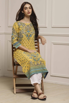 Yellow Cotton Printed Straight Kurta