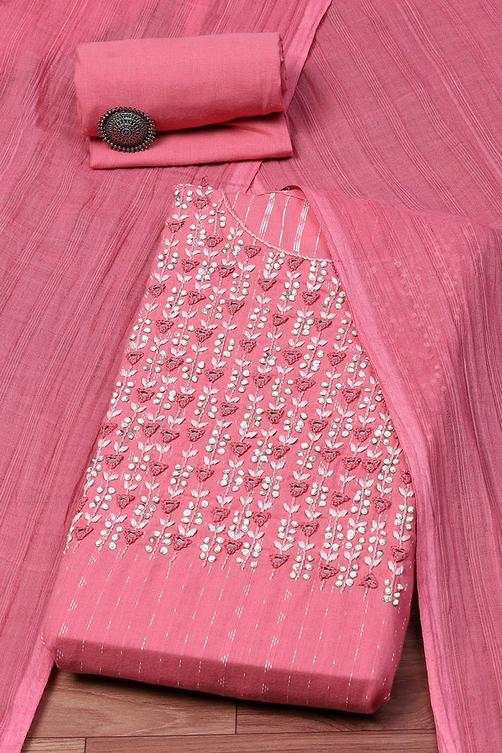 Peach-Colored Cotton Embroidered Unstitched Suit set image number 0