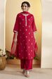 Red Polyester Straight Suit Set