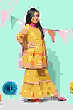 Yellow Cotton Gathered Printed Kurta Sharara Suit Set image number 2