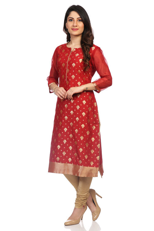 Red Poly Metallic Cotton Straight Printed Kurta image number 3