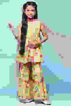 Yellow Cotton Peplum Kurta With Sharara & Net Dupatta image number 0