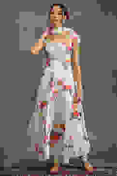 Rohit Bal Cream-Colored Silk Chanderi Floral Printed Anarkali Suit Set image number 6