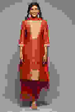 Rust Viscose & Metallic Straight Kurta Palazzo Suit Set image number 7