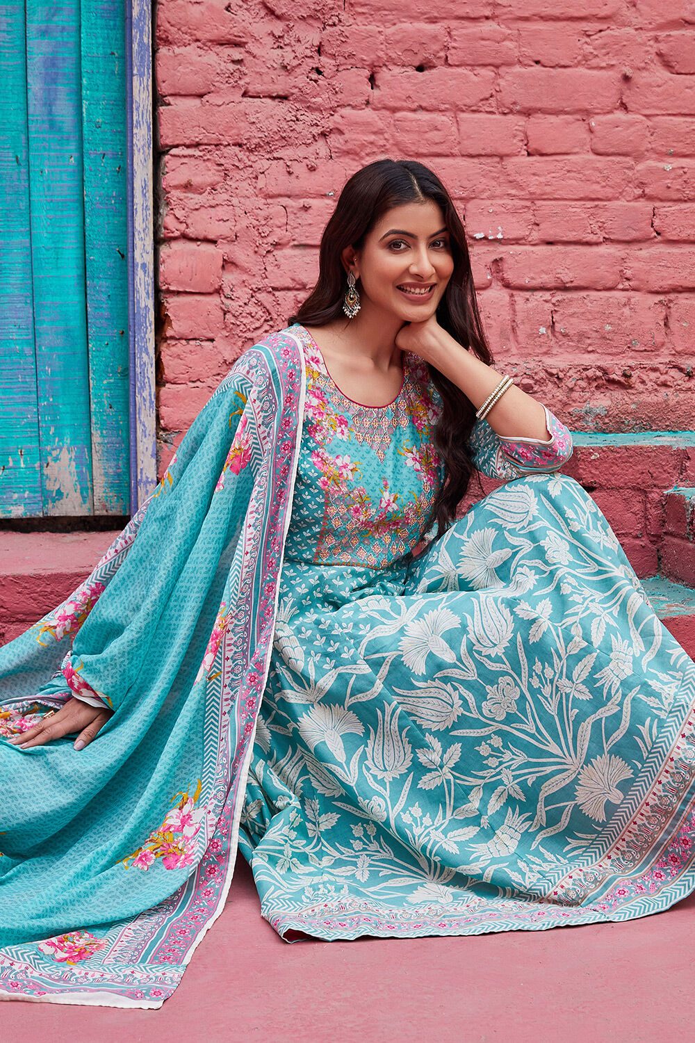 Coral Cotton Anarkali Suit Set image number 0