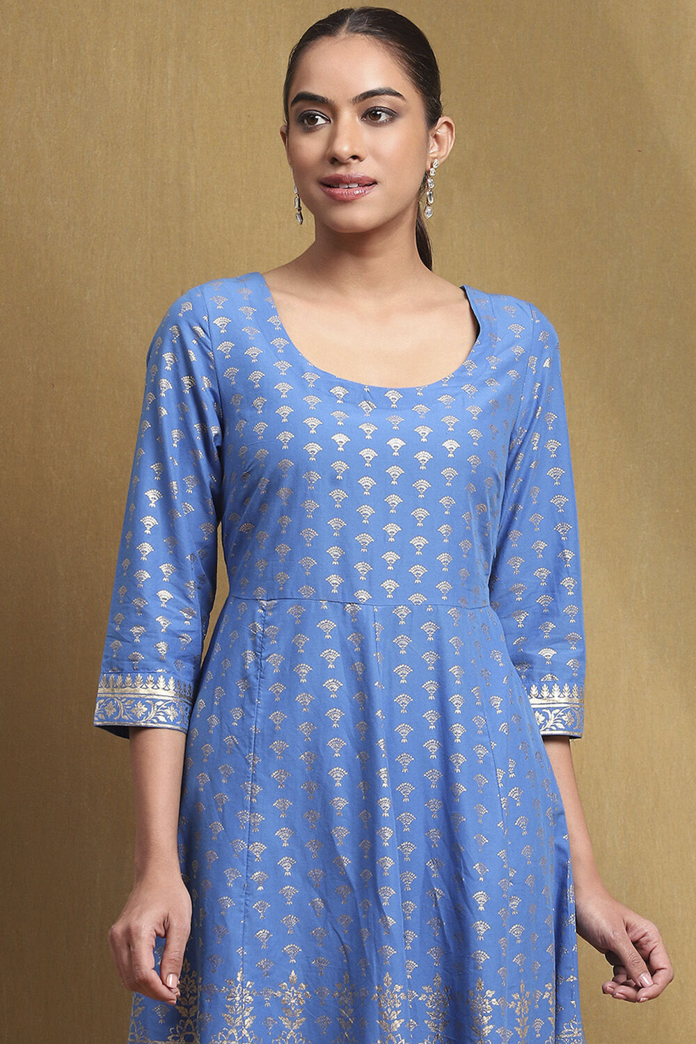 Electric Blue Cotton Printed Anarkali Suit Set image number 1