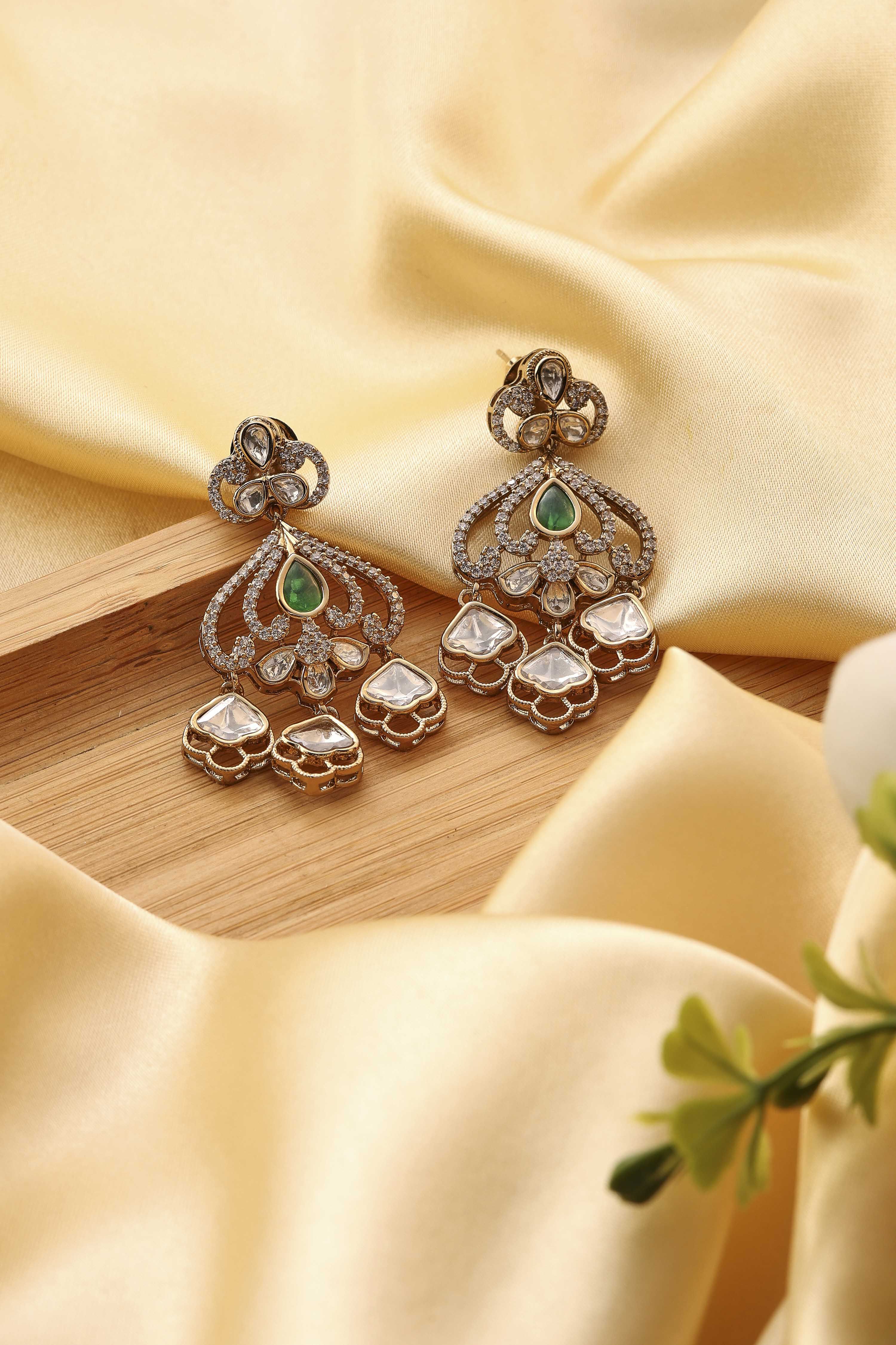 Green Brass Gold-Plated Drop and Dangler Earrings image number 0