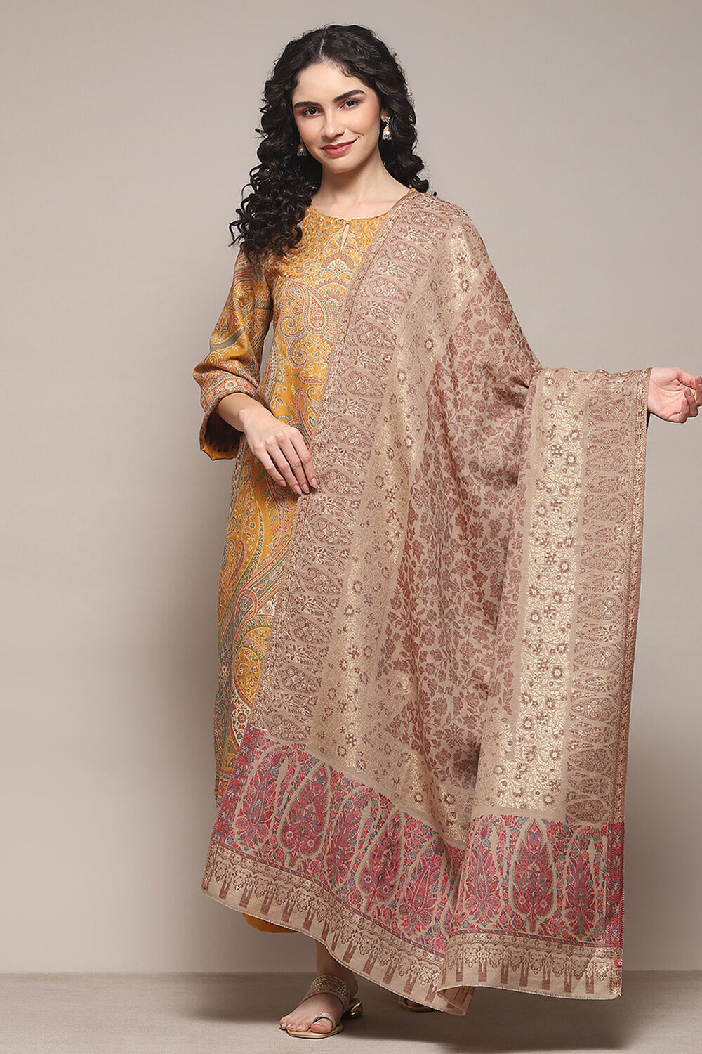 Beige Cotton Blend Yarndyed Shawl image number 0