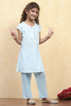 Powder Blue Cotton Straight Printed Kurta Pants Set image number 5