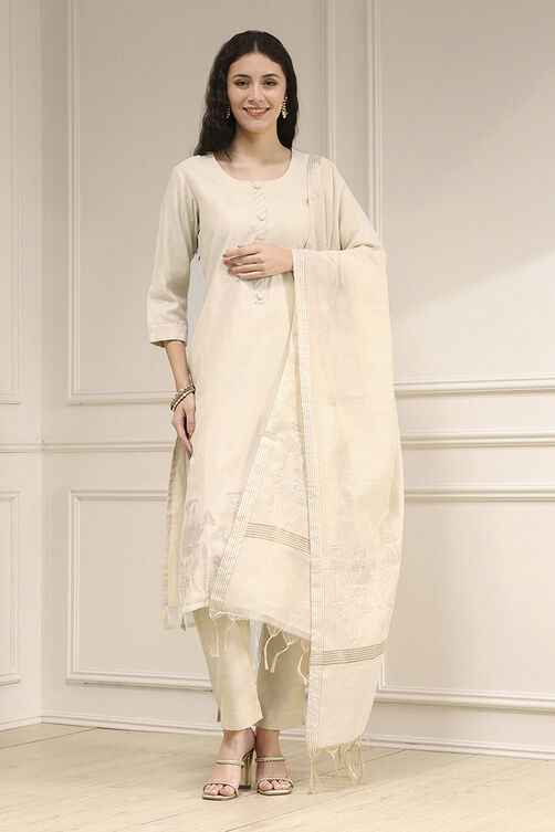 White Tissue Applique Unstitched Suit Set image number 1