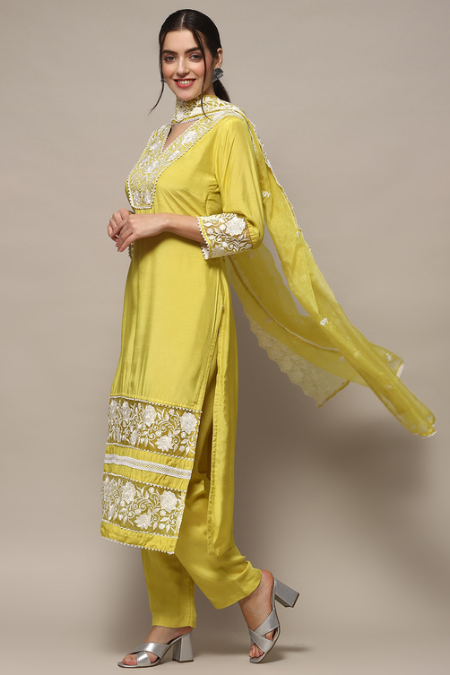 Yellow Muslin Unstitched Suit set image number 5
