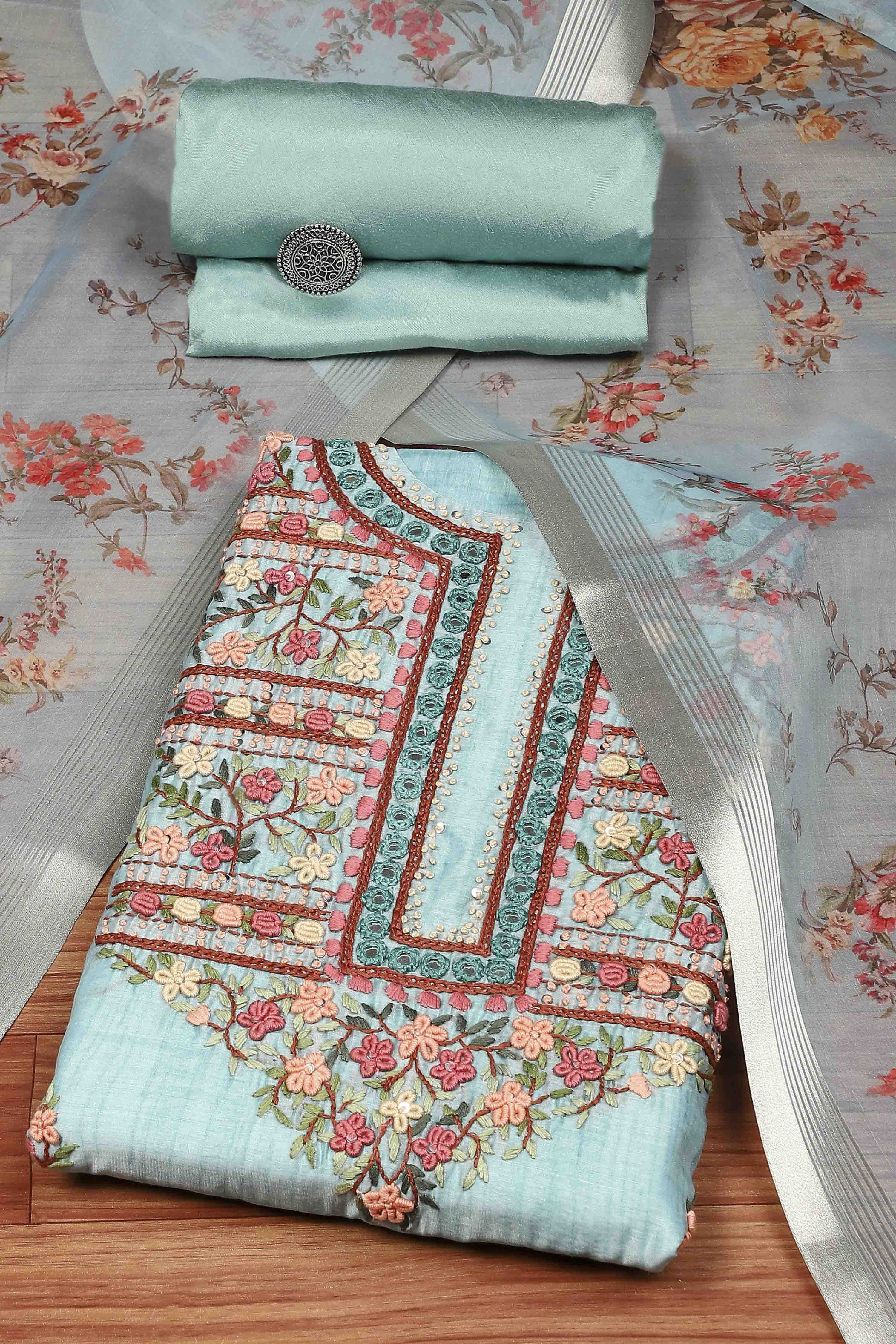 Blue Chanderi Hand Embroidered Unstitched Suit Set image number 0