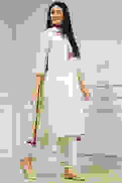 Off-White Art Silk Printed Straight Suit Set image number 5