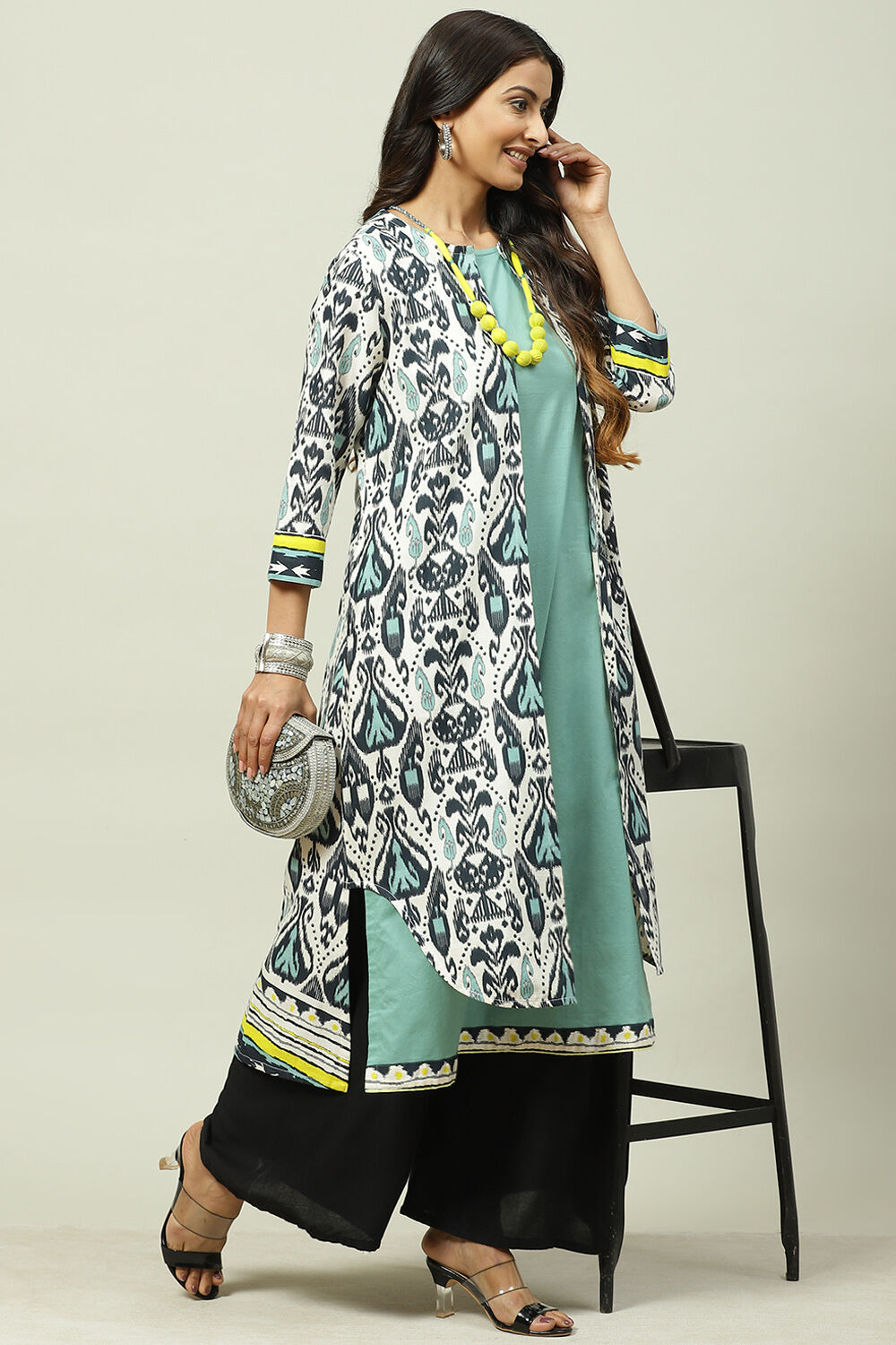 Black And Teal Rayon Printed Kurta with Jacket image number 6