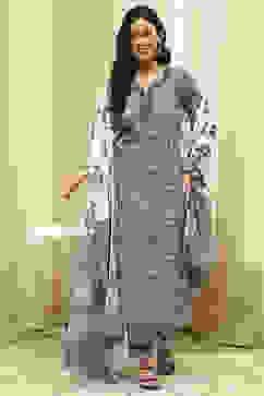 Grey Cotton Screen Print Unstitched Suit Set image number 1