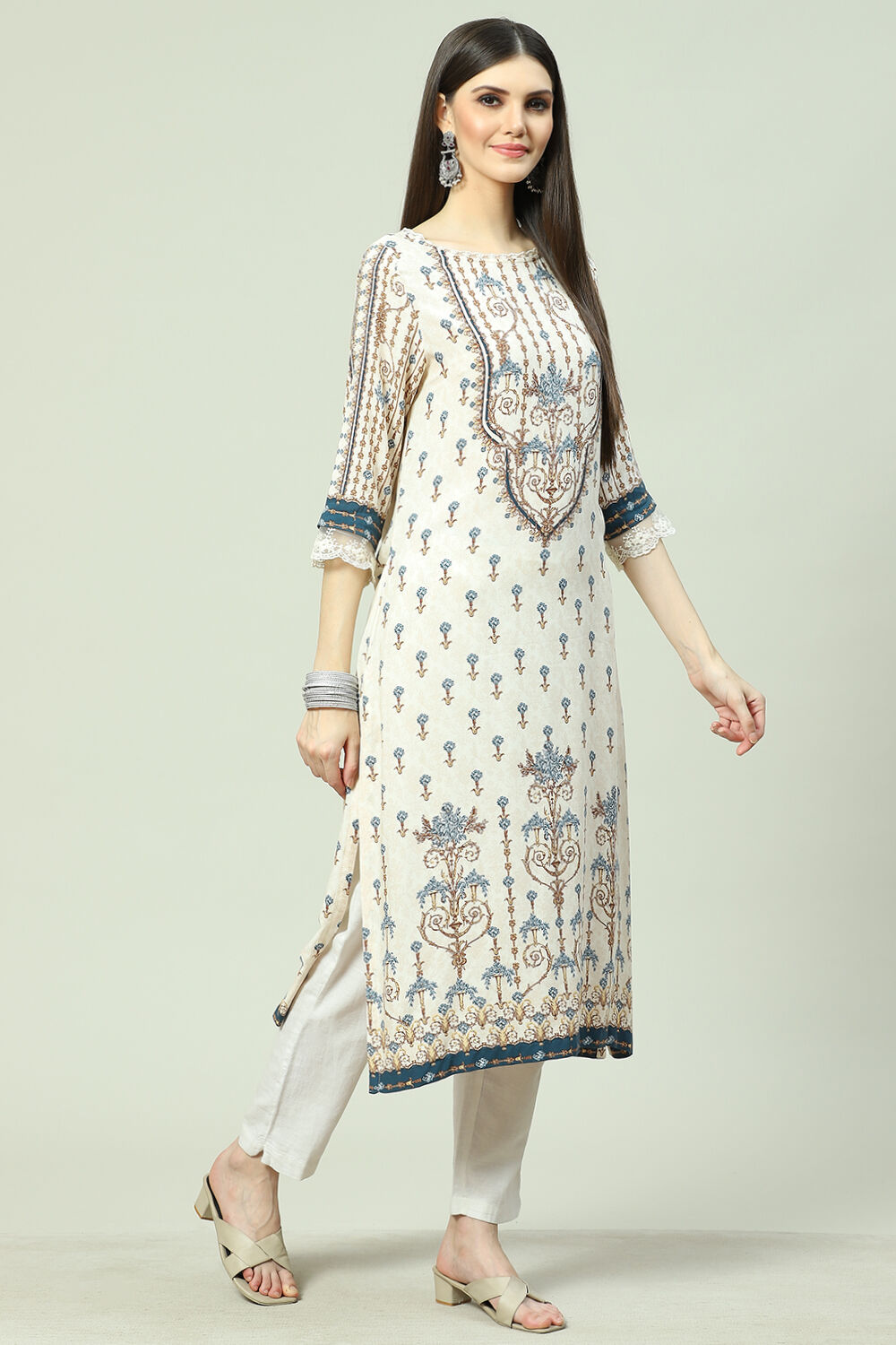Ecru LIVA Straight Printed Kurta image number 5