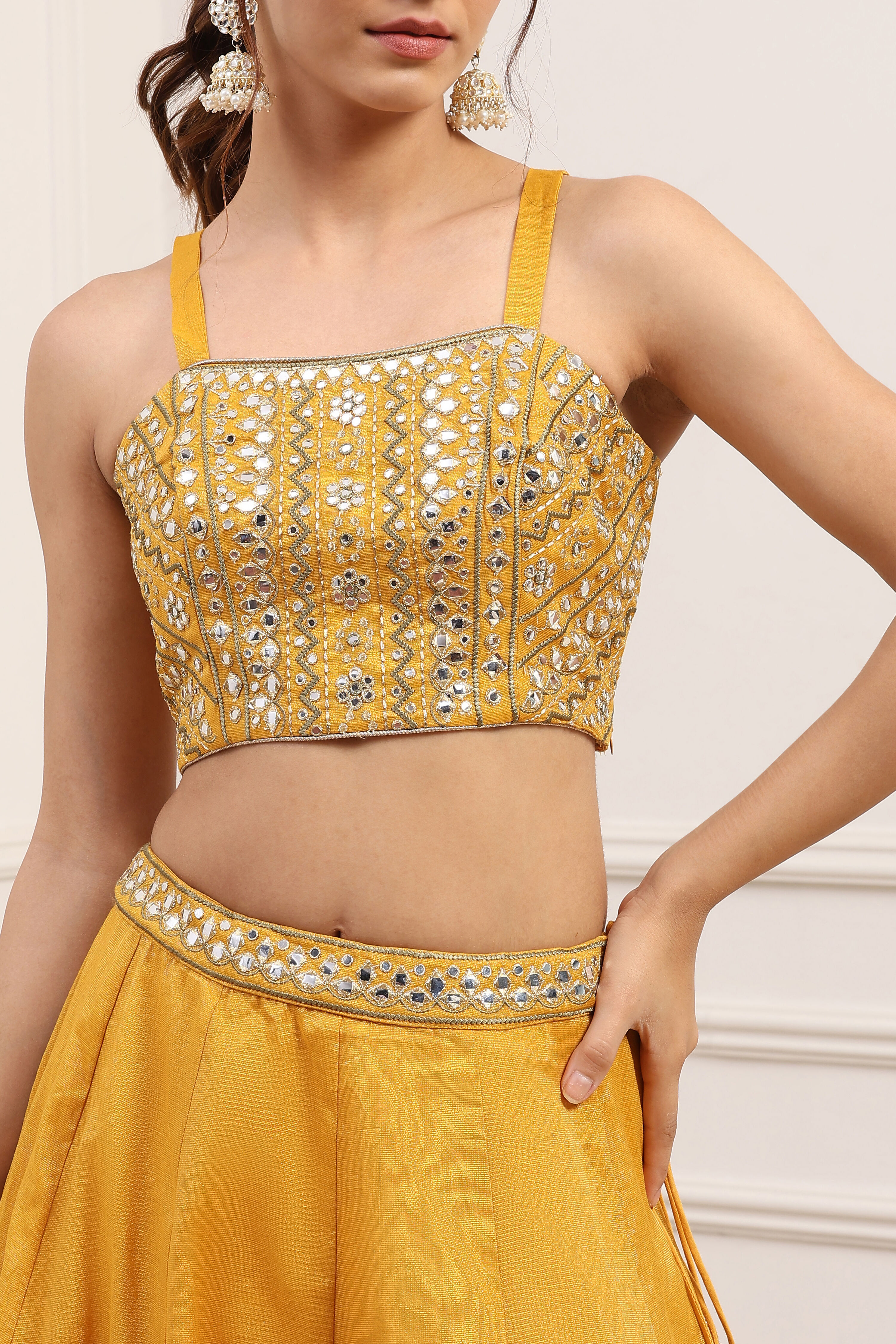 Yellow Cotton Zari Tissue Embroidered Lehenga Set image number 1