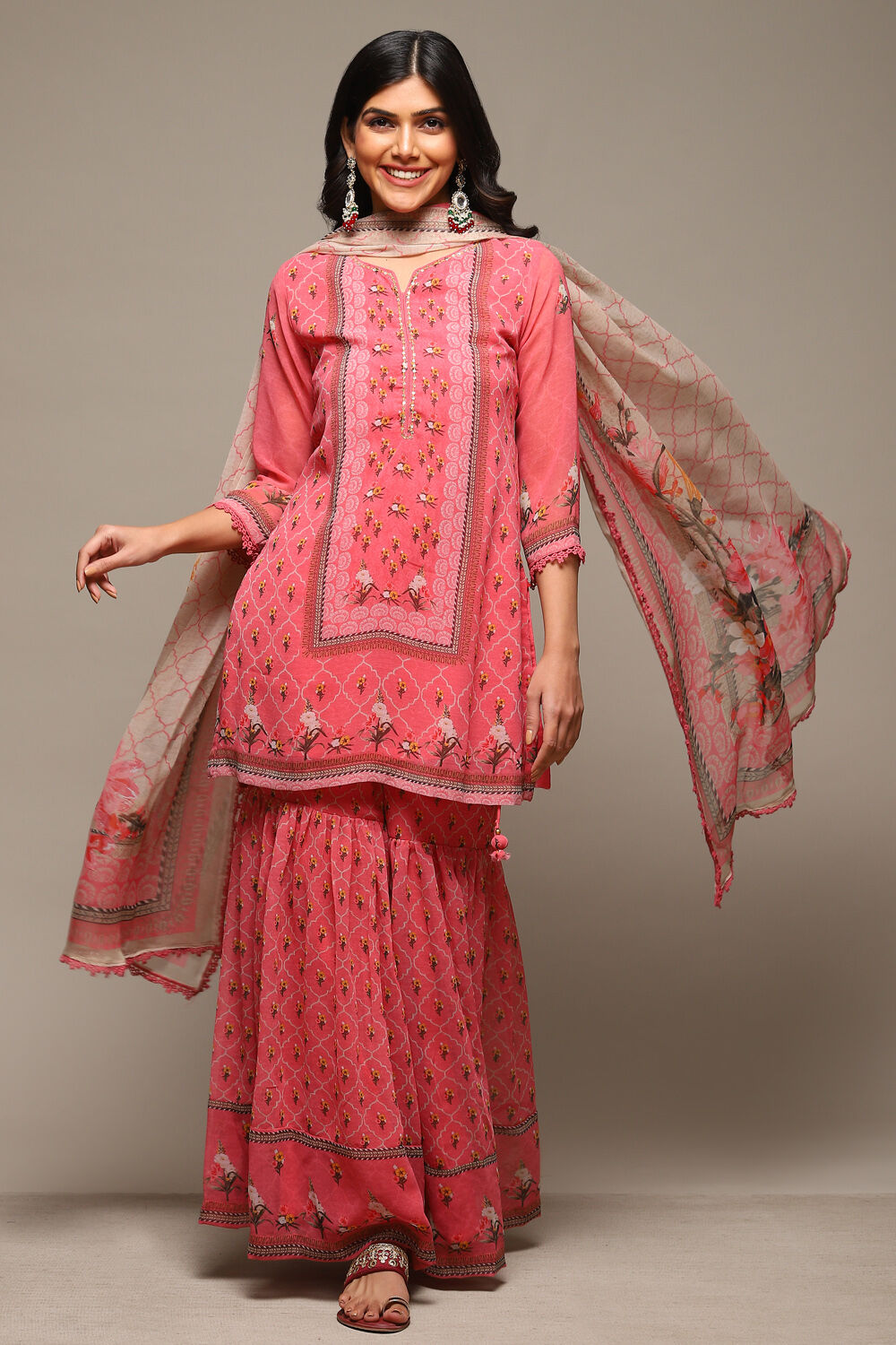 Coral Pink Cotton Blend Straight Kurta Garara Suit Set image number 0