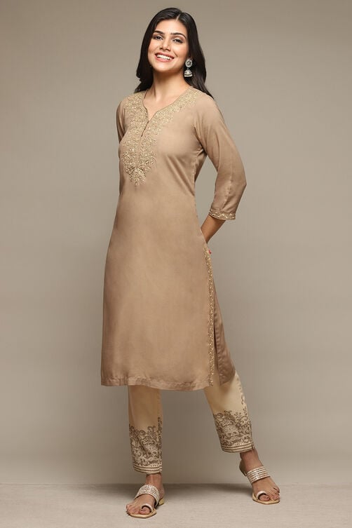 Brown Rayon Straight Kurta Pants Suit Set image number 0