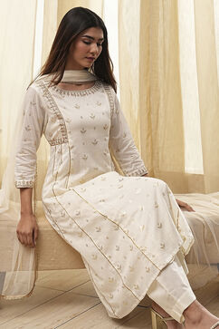 Cream-Colored Cotton Foil Printed Kalidar Suit Set image number 0