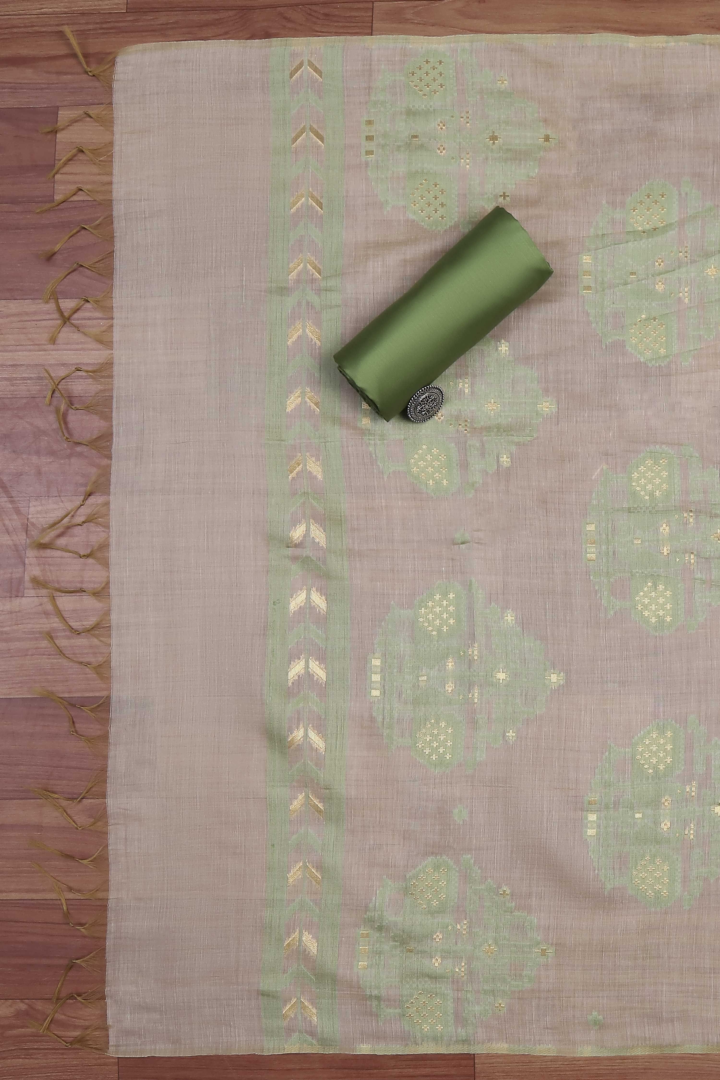 Green Cotton Jamdani Unstitched Suit Set image number 3