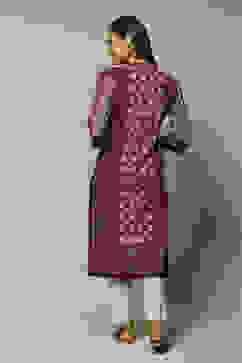 Maroon Poly Metallic Straight Printed Kurta image number 4