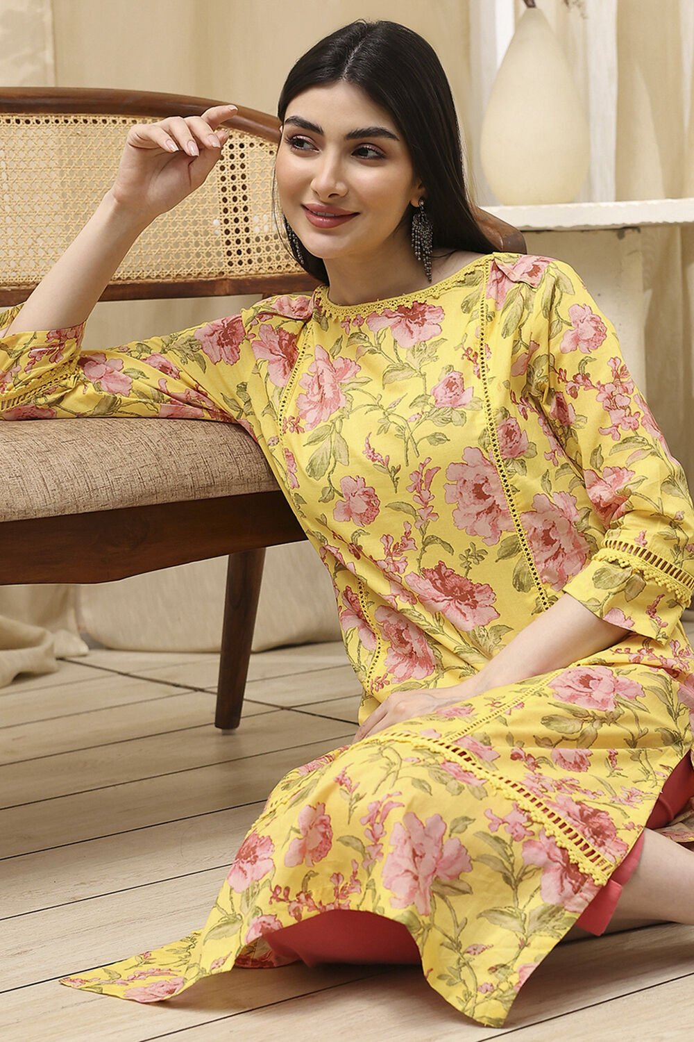 Pink Cotton Straight Printed Kurta image number 0