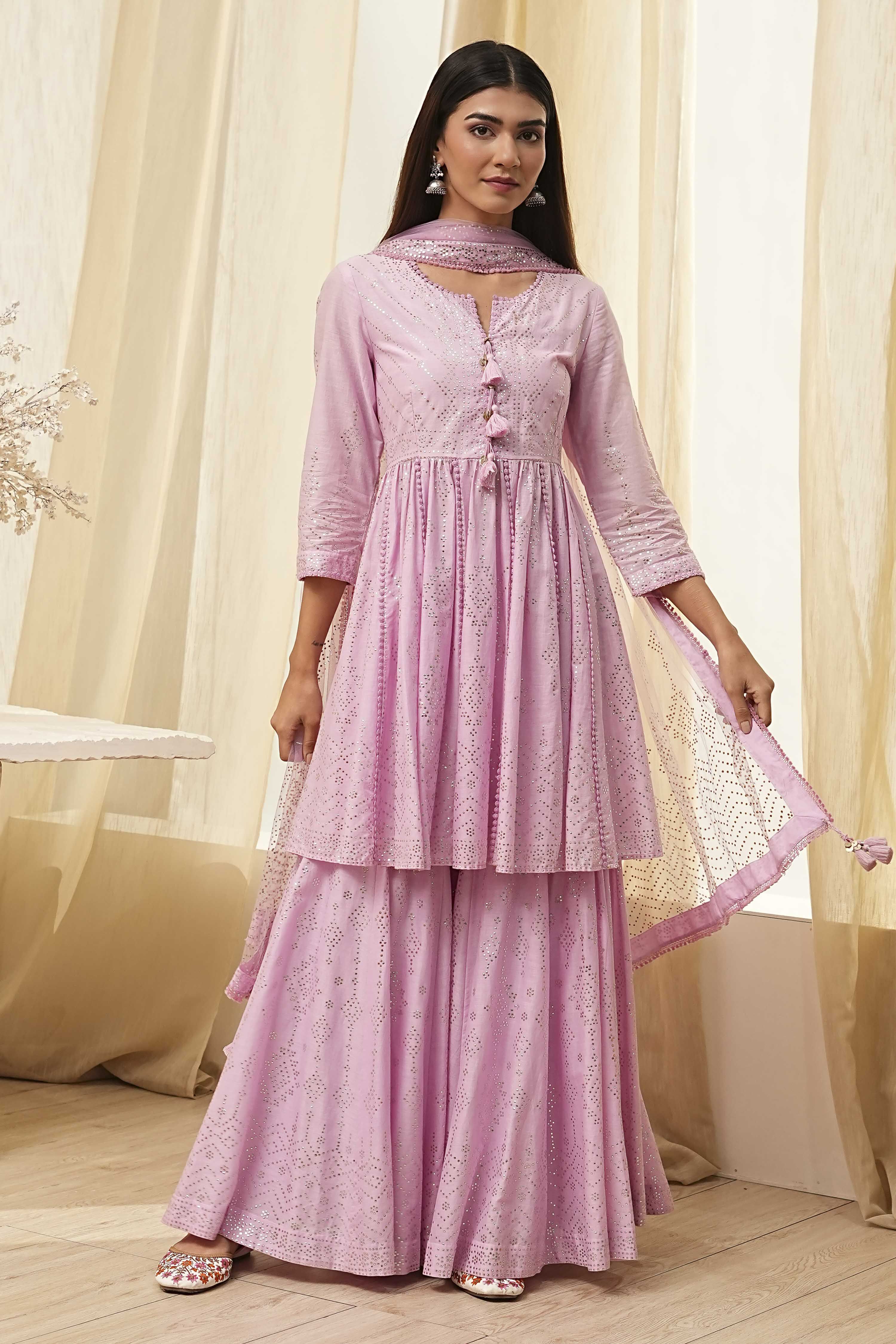 Off-White Cotton Metallic Flared Suit Set image number 6