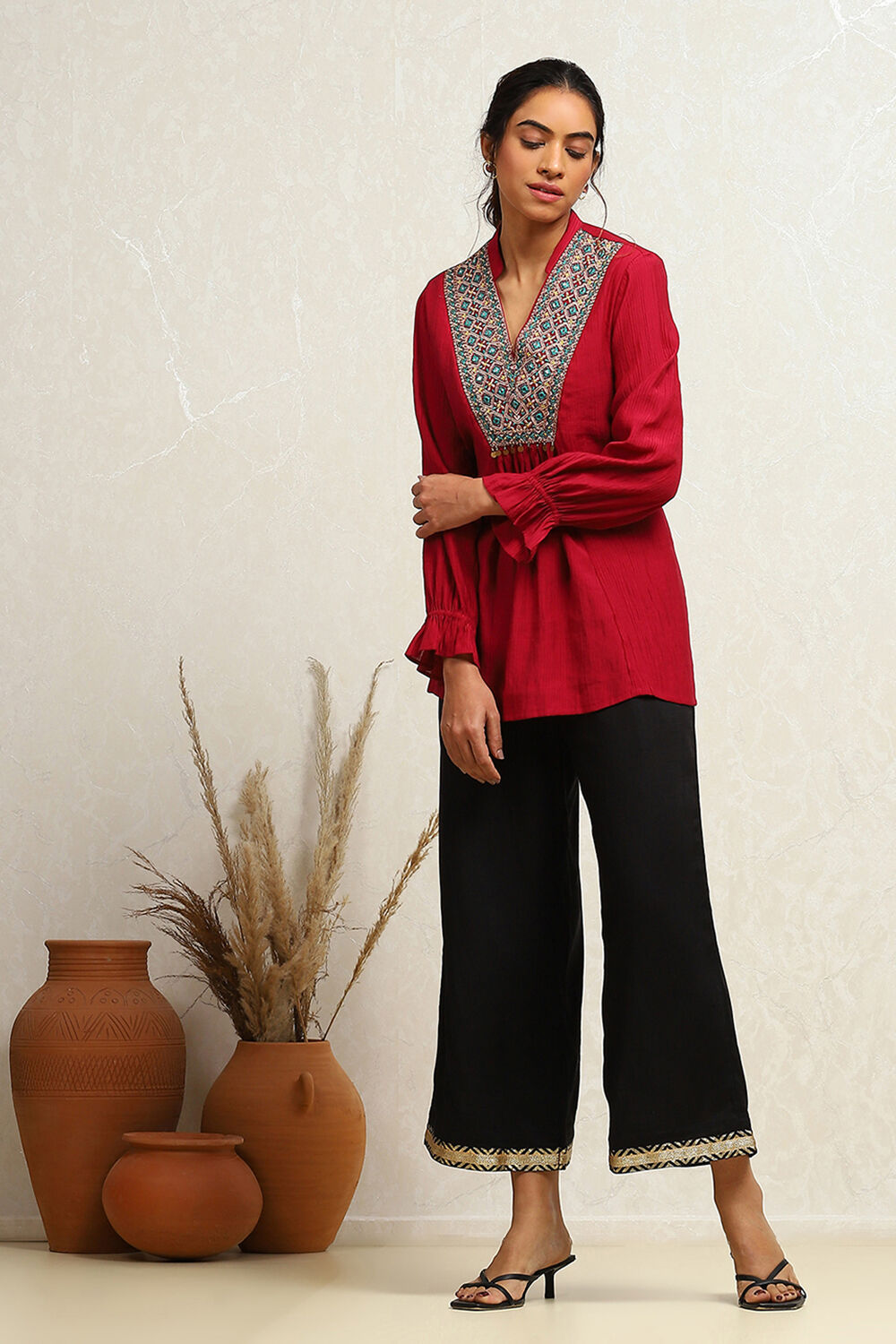 Berry Red Embroidered A-Line Kurti image number 5
