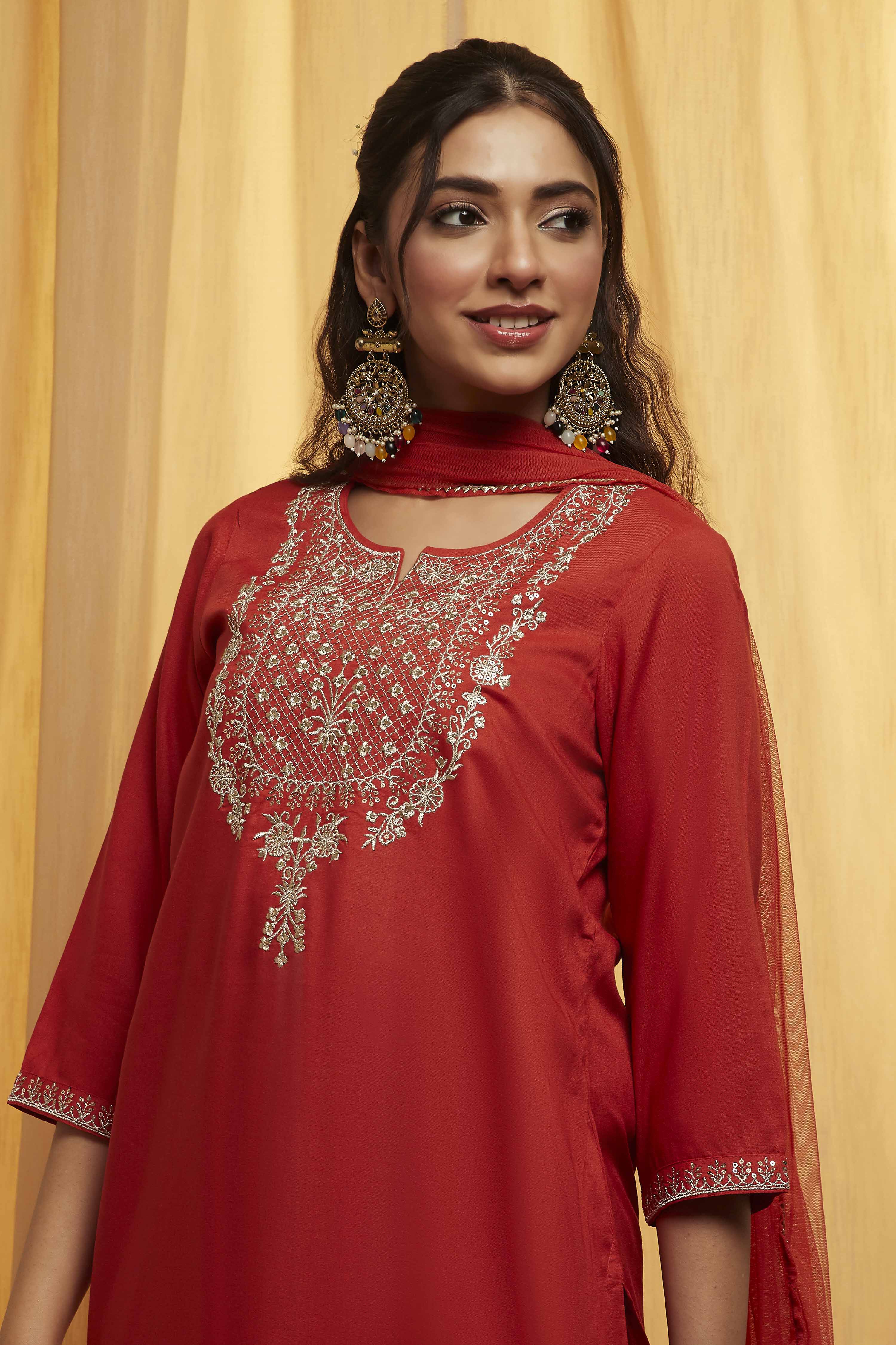 Burnt Orange Rayon Straight Kurta Pants Suit Set image number 1