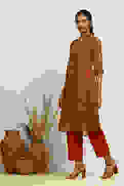 Mustard and Maroon Georgette Printed A-Line Kurta image number 2