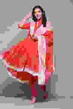 Coral Cotton Asymmetric Solid Kurta Churidar Suit Set image number 0