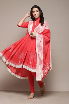 Coral Cotton Asymmetric Solid Kurta Churidar Suit Set image number 0