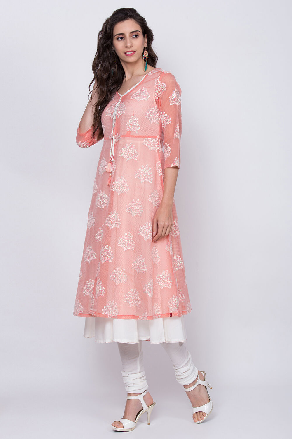 Buy Peach Art Silk Front Open Kurta Churidar Suit Set Online at